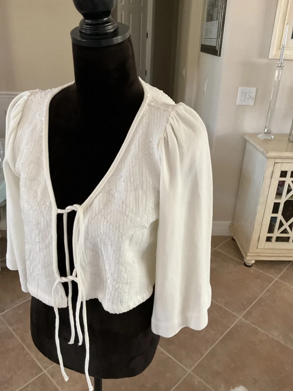 Anthropologie sequin top, front tie, white, size small
